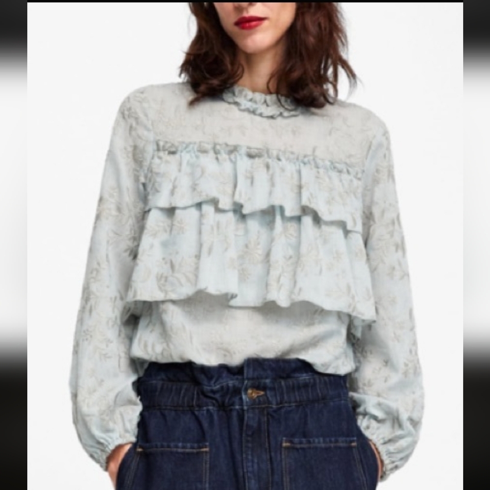Zara Light Blue Floral Ruffle Long-Sleeve Top Women's Embroidered SIZE M
